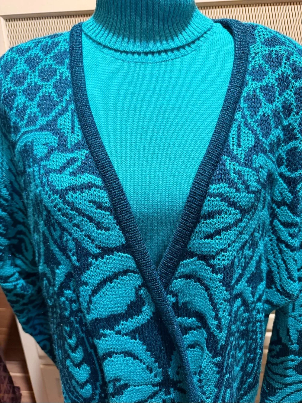 NWT VTG Antonella Ore Italy Metallic Knit Twinset Cardigan Sleeveless Turtleneck